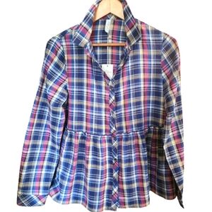 Womens M NWT Cottagecore Pastel Plaid Ruffle Button-Up Long Sleeve Shirt